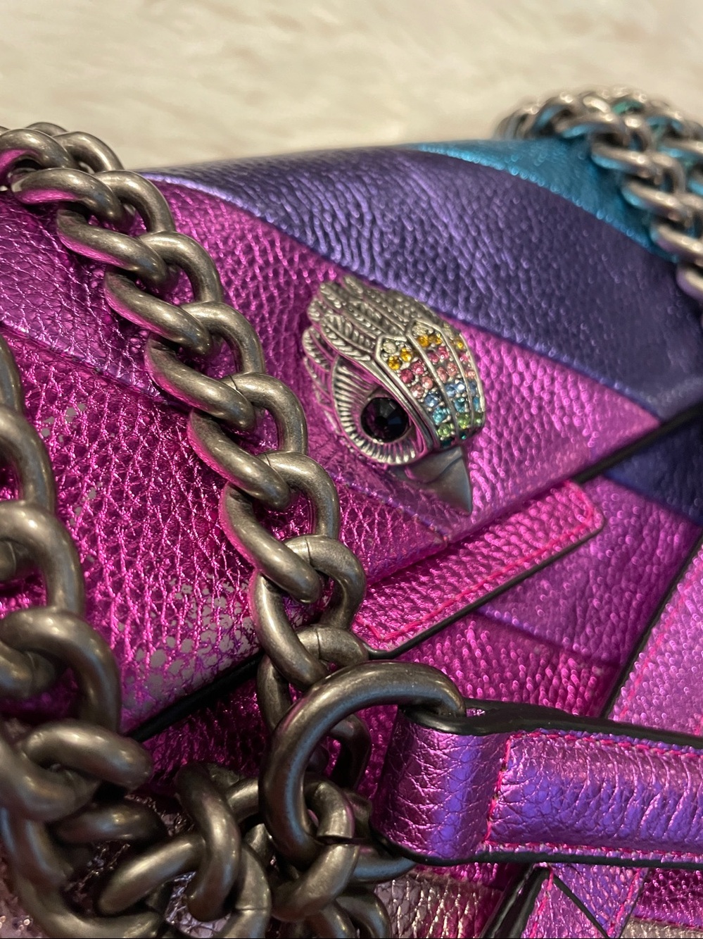 Kurt Geiger Kensington Rainbow Chevron Leather Crossbody Bag with Gunmetal Chain - Picture 13 of 15